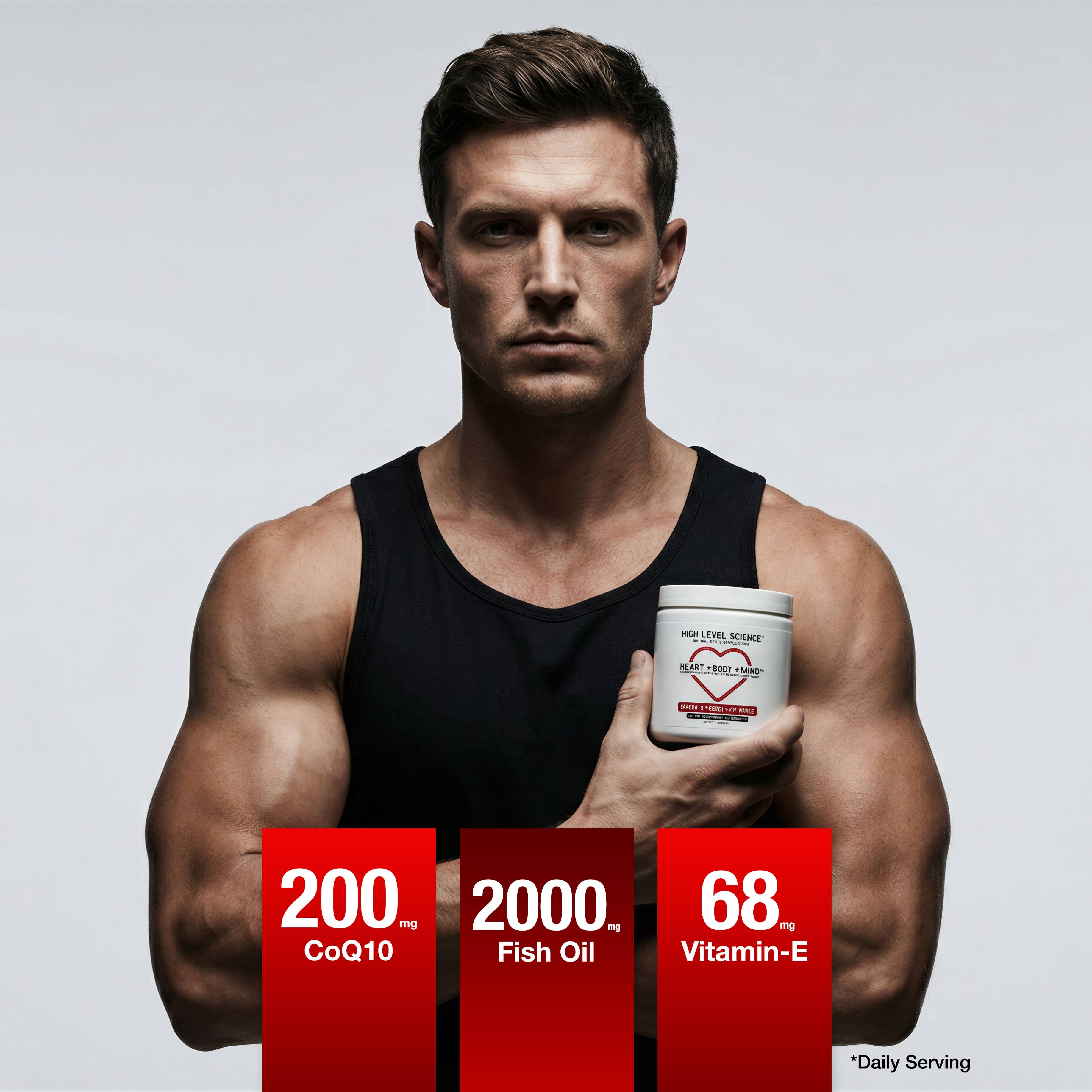 Muscular man holding a Heart + Body + Mind container with nutritional information displayed.