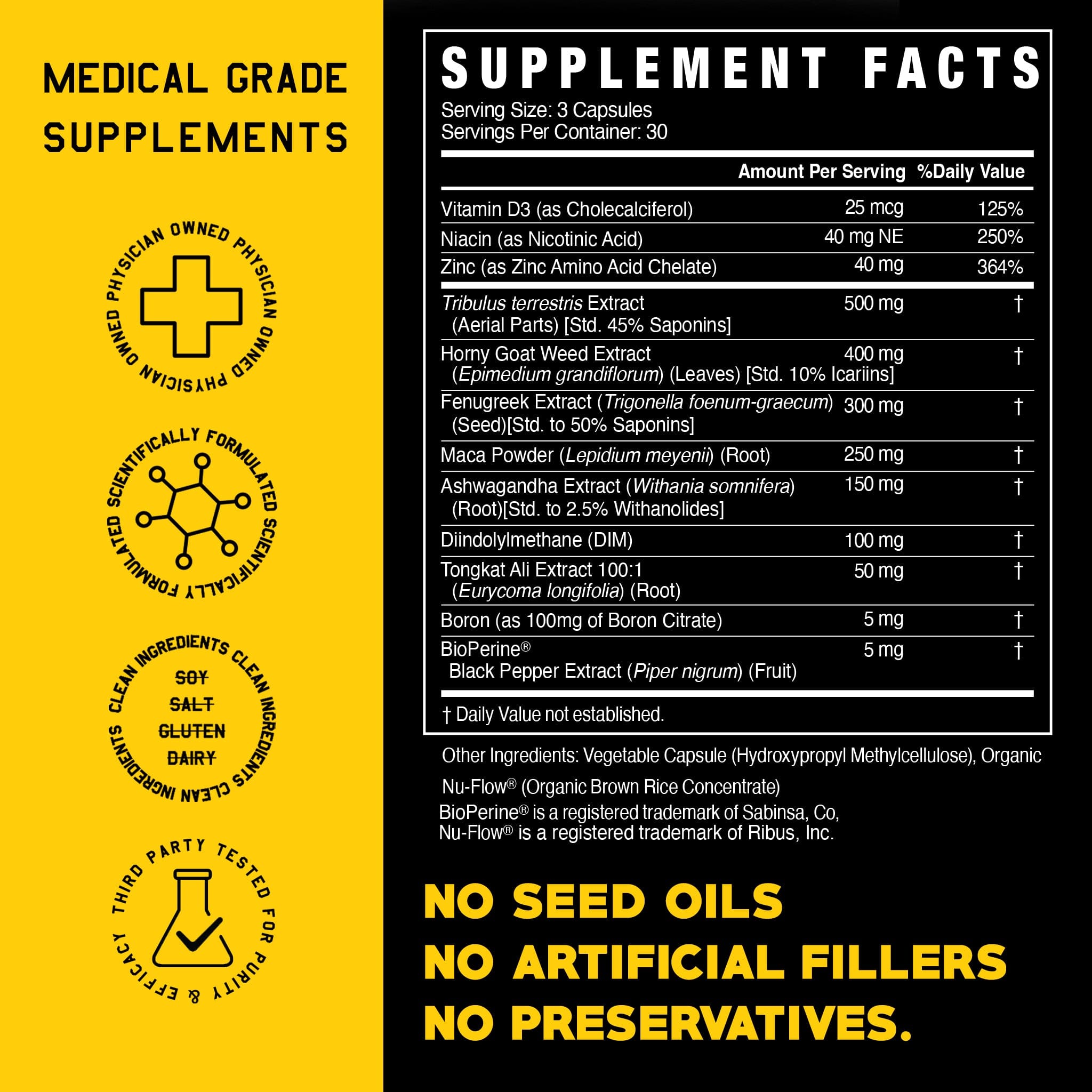 High Level Science High Level Man 12-in-1 Testosterone Formula capsules, dietary supplement for men’s health, bottle of capsules.