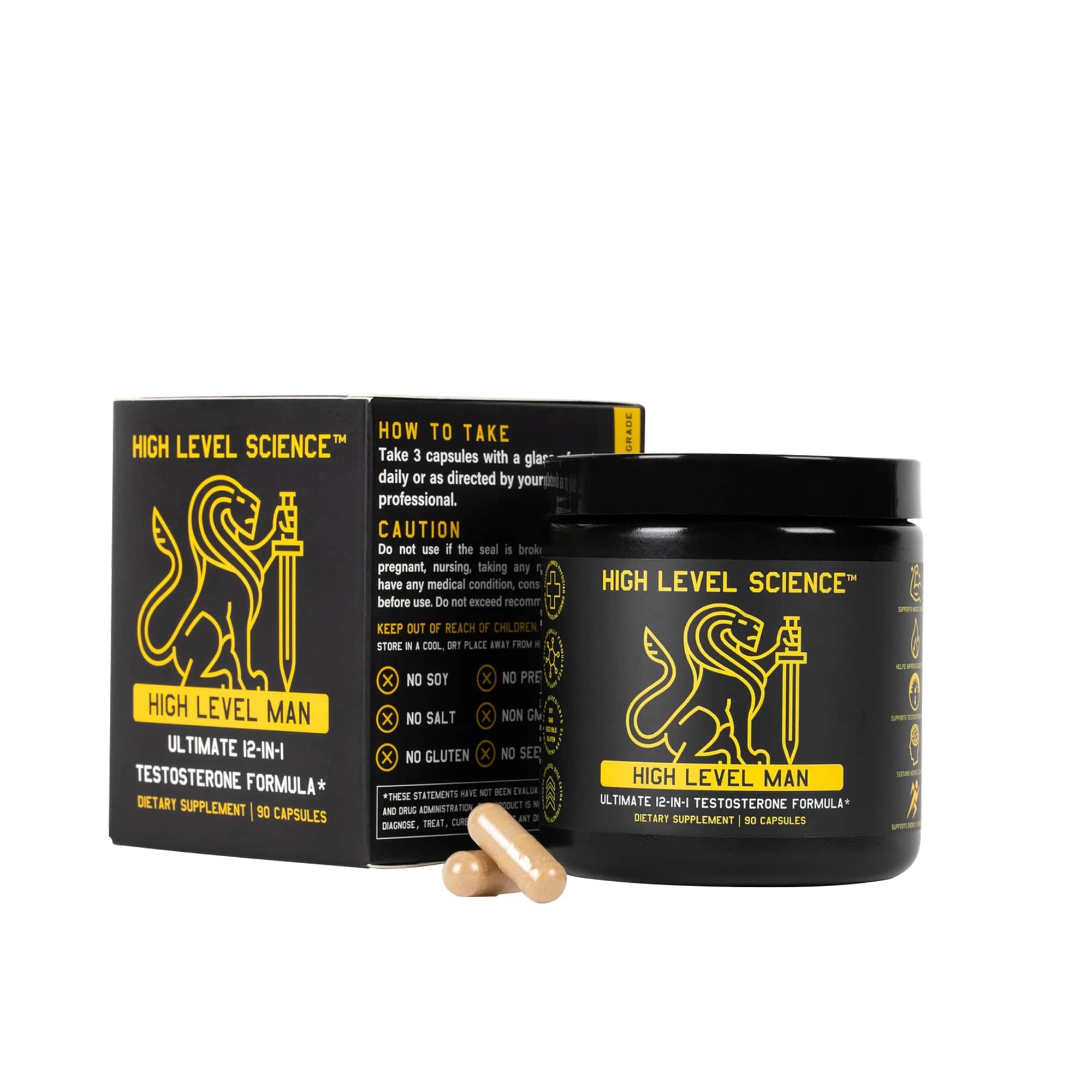 High Level Man 12-in-1 Testosterone Formula capsules by High Level Science in a blister pack, designed to support male vitality.