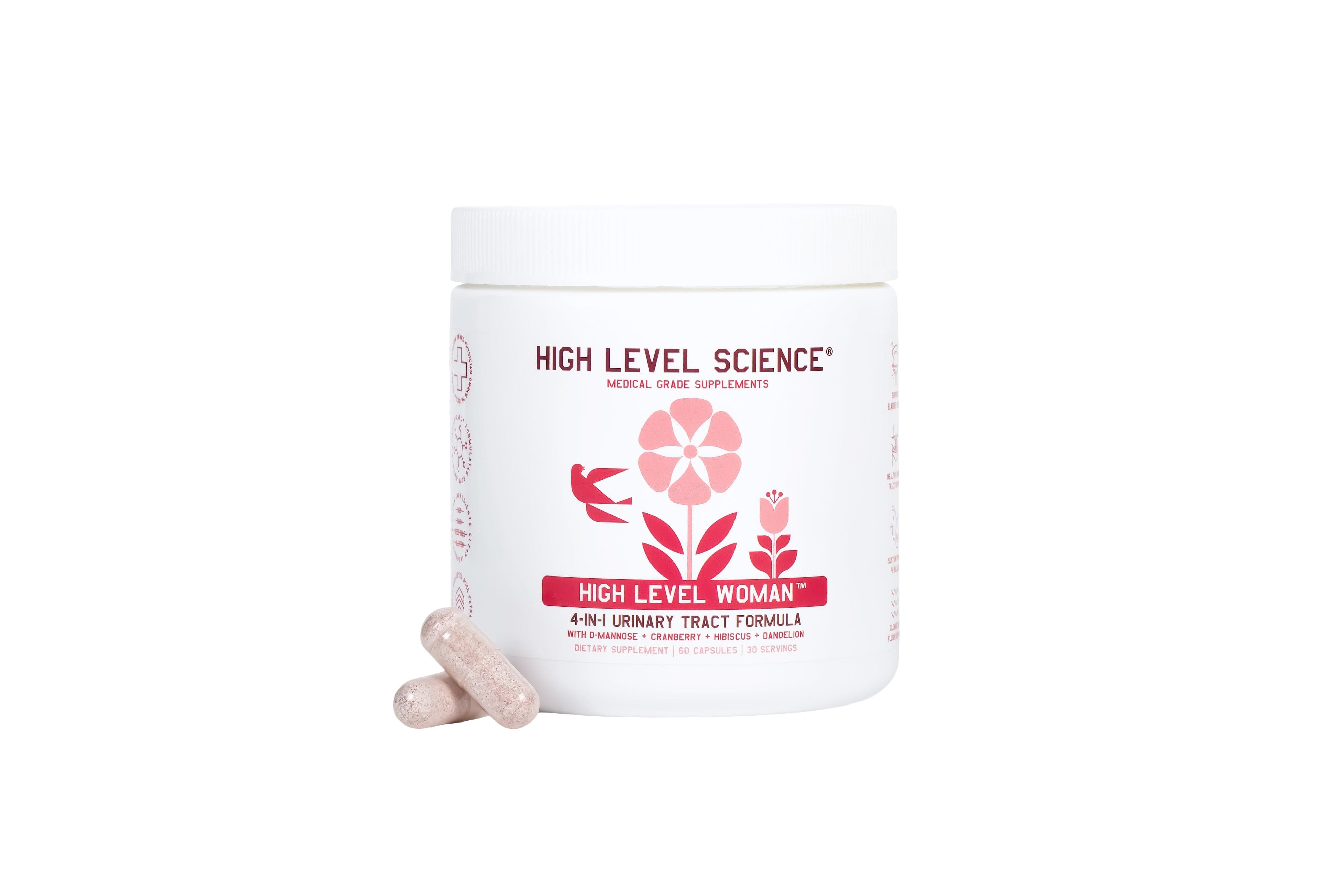High Level Woman 4-in-1 Urinary Tract Formula capsules by High Level Science, showing a pack of dietary supplement capsules.