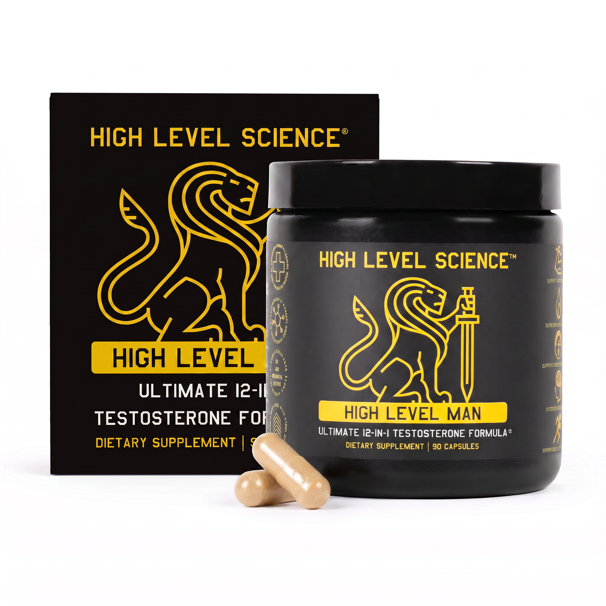 High Level Science High Level Man 12-in-1 Testosterone Formula capsules, dietary supplement for men’s health and vitality
