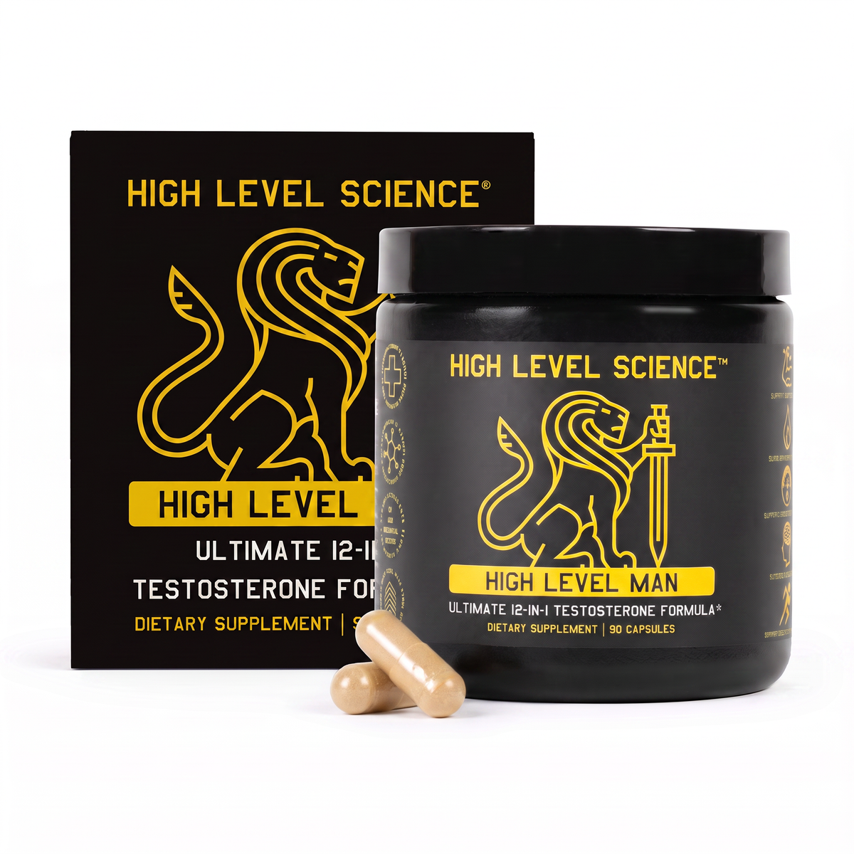 High Level Science High Level Man 12-in-1 Testosterone Formula capsules, dietary supplement for men’s health and vitality
