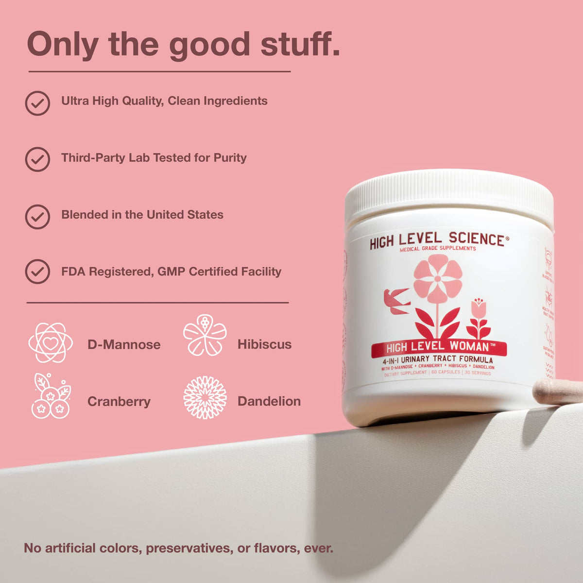 High Level Woman 4-in-1 Urinary Tract Formula capsules by High Level Science, featuring dietary capsules for urinary health.