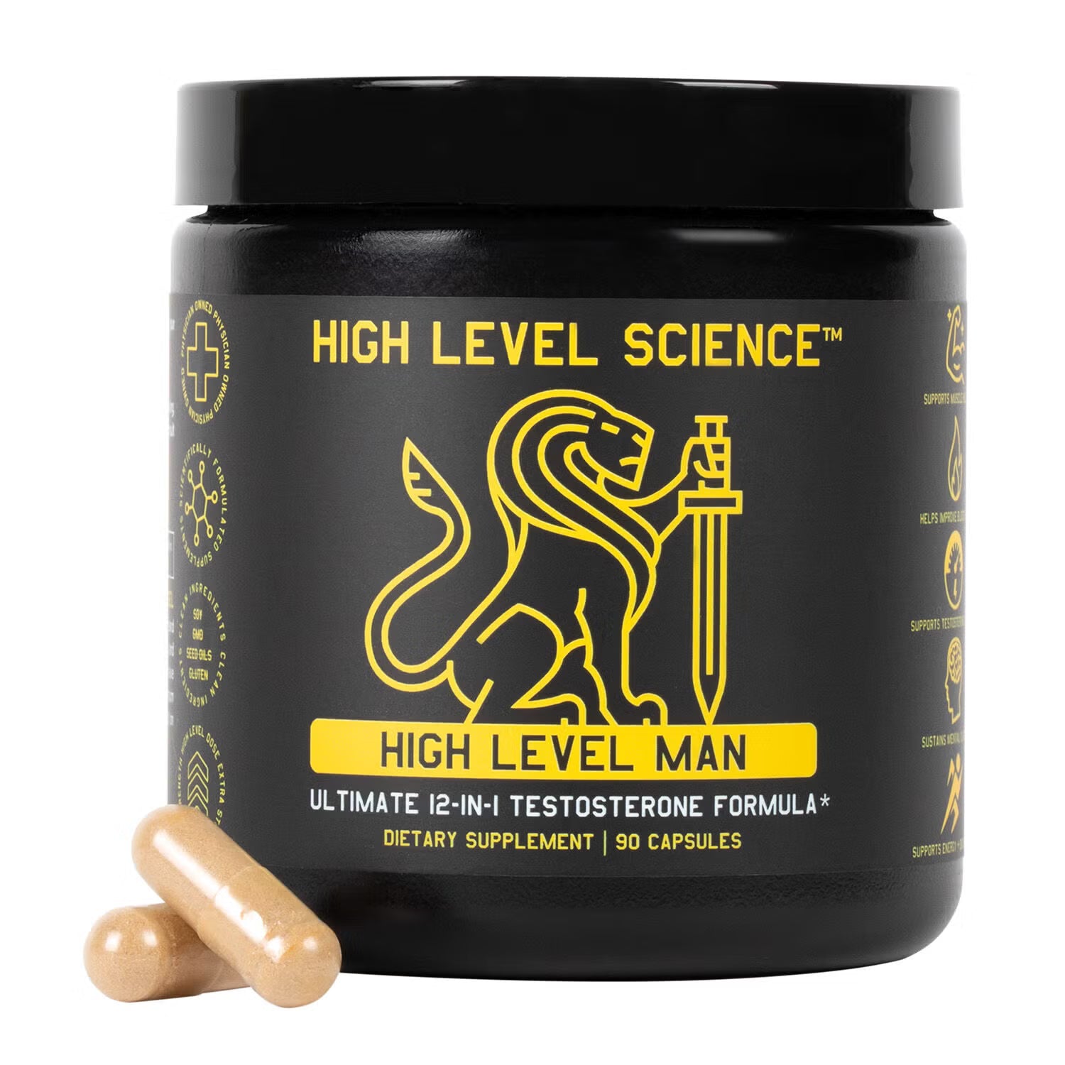 High Level Science High Level Man 12-in-1 Testosterone Formula capsules, showing a bottle of dietary supplement capsules.