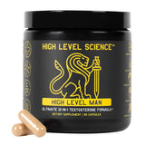 High Level Science High Level Man 12-in-1 Testosterone Formula capsules showing the supplement bottle and capsules inside