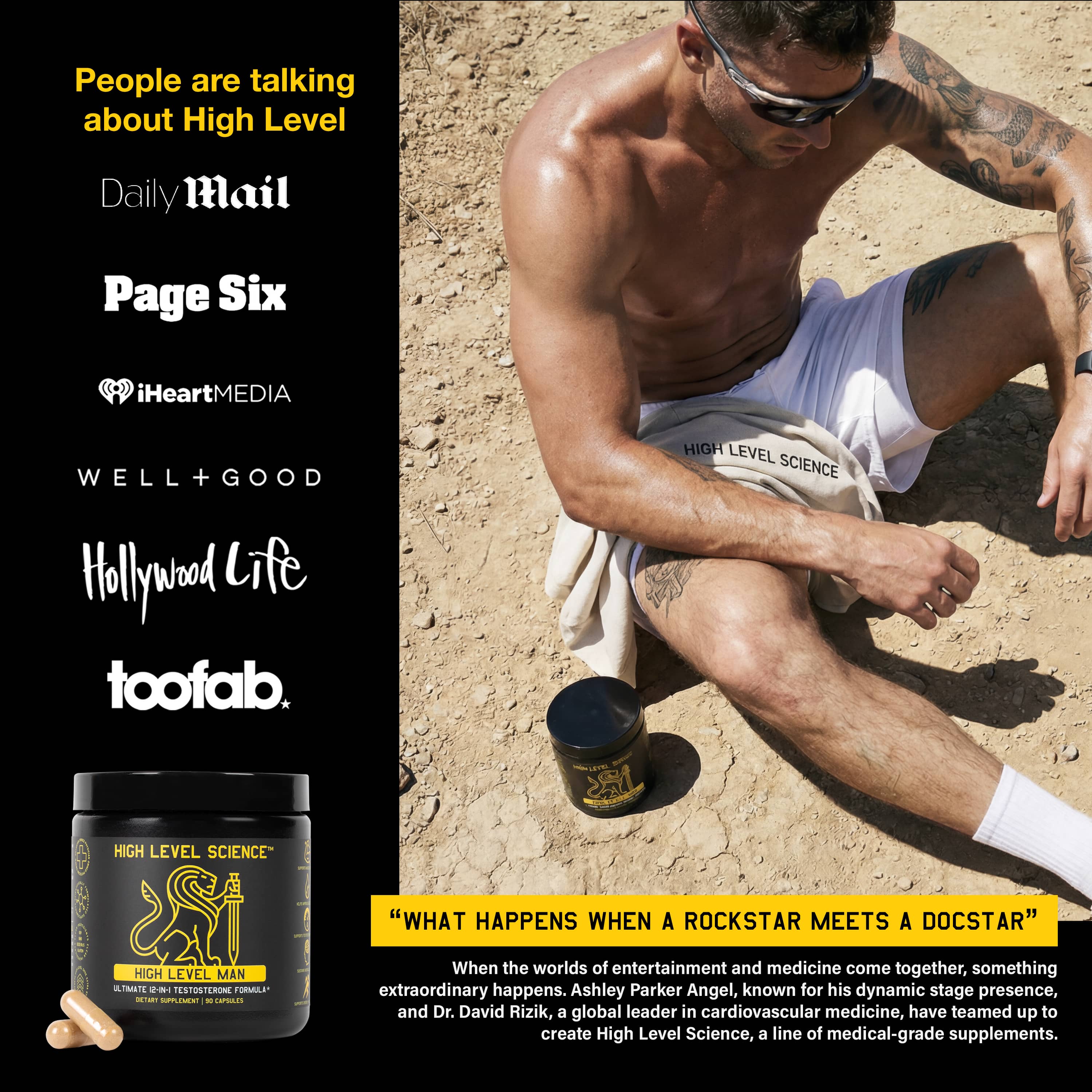 High Level Man 12-in-1 Testosterone Formula capsules by High Level Science, featuring dietary supplement capsules for men's health.