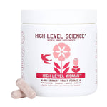 High Level Woman 4-in-1 Urinary Tract Formula capsules by High Level Science, showing a bottle of dietary supplements with capsules inside.