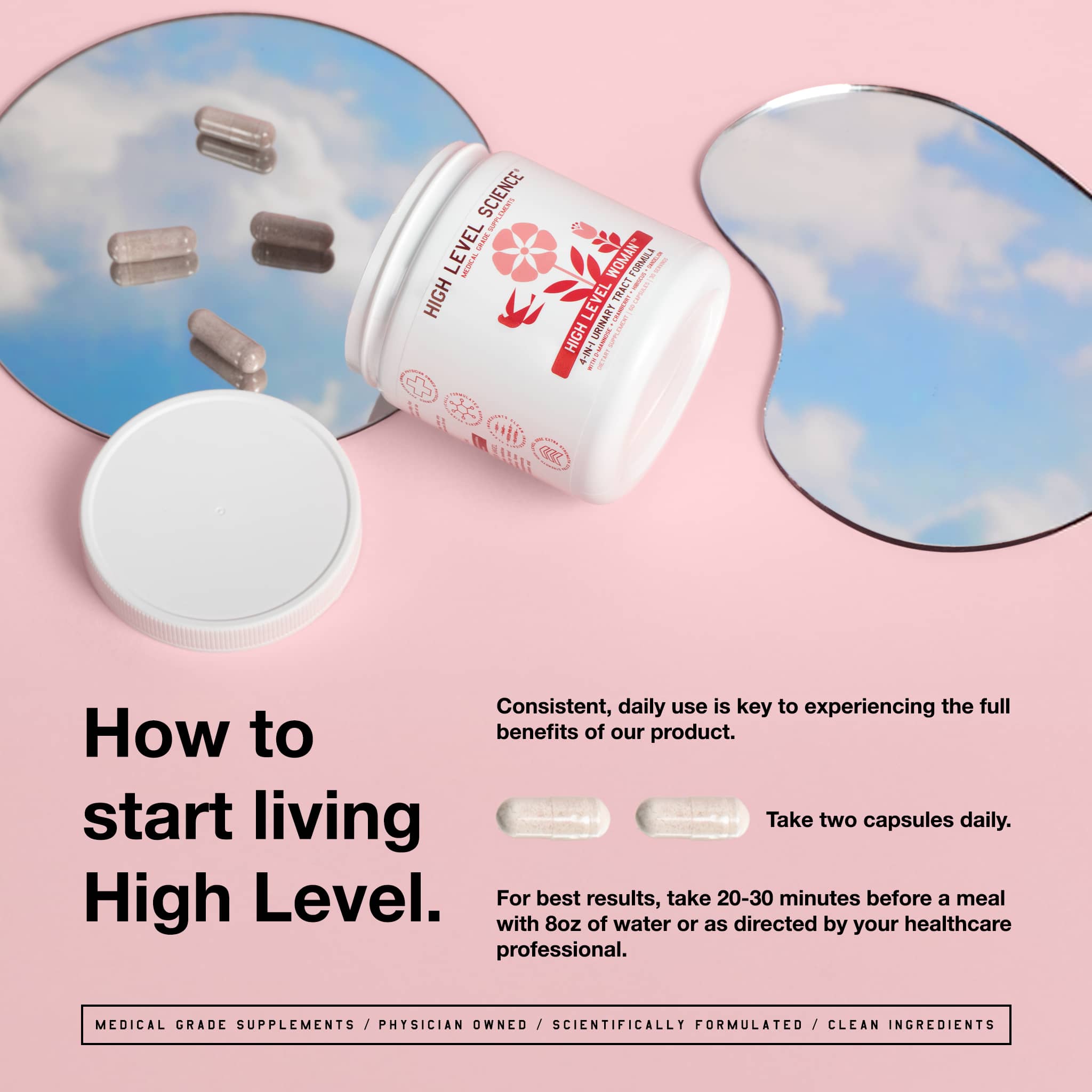 High Level Woman 4-in-1 Urinary Tract Formula capsules by High Level Science, showing the supplement capsules in a bottle.