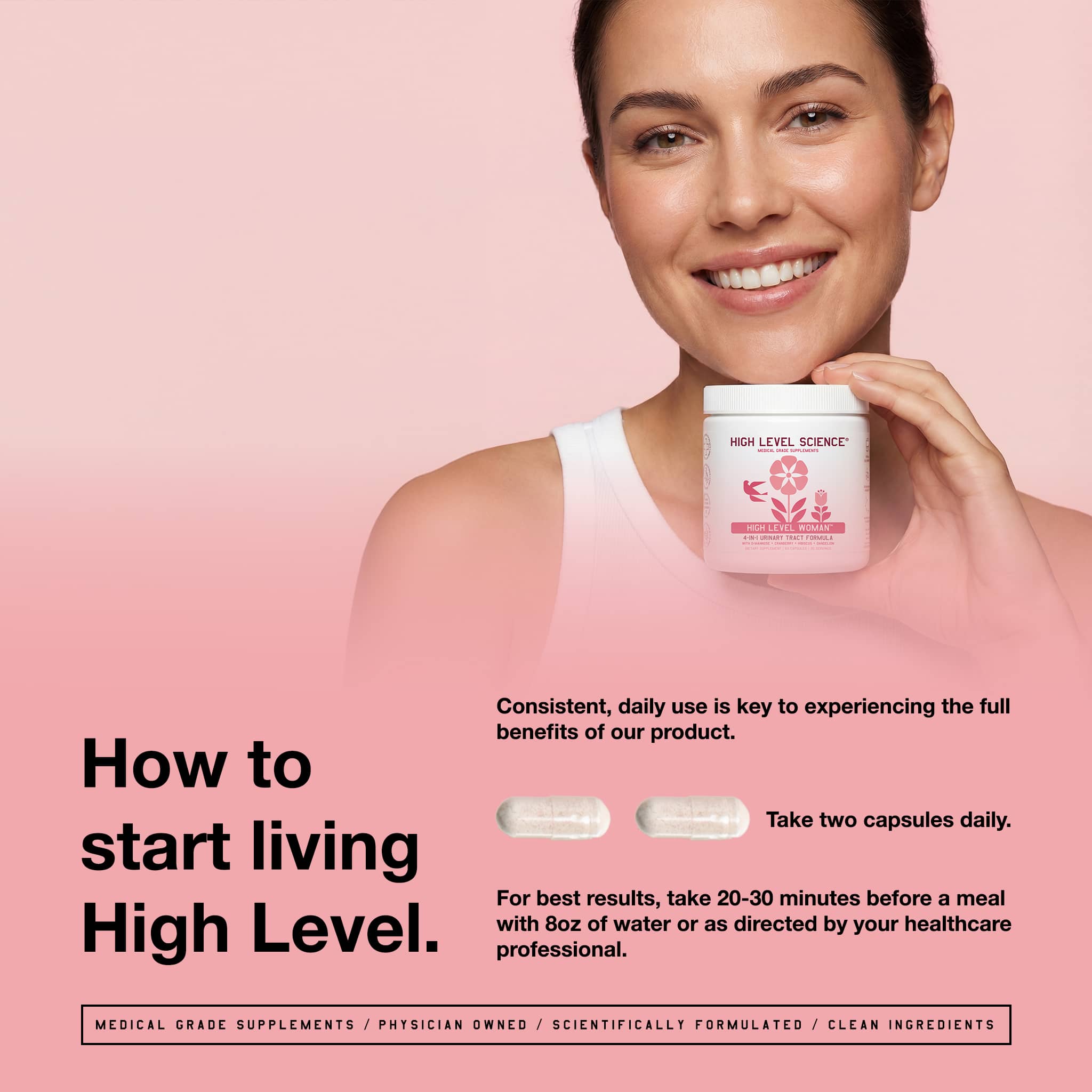 High Level Science High Level Woman 4-in-1 Urinary Tract Formula capsules, dietary supplement designed for urinary health.