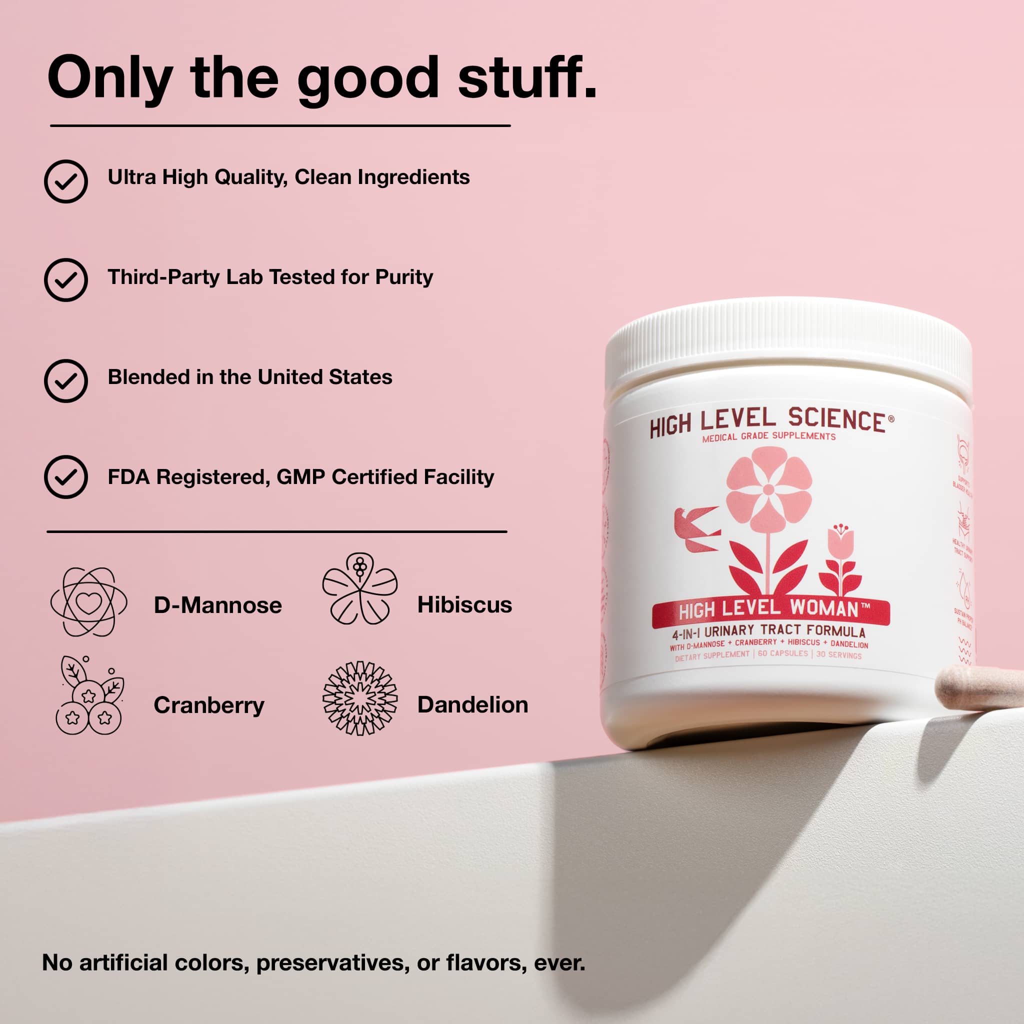 High Level Woman 4-in-1 Urinary Tract Formula capsules by High Level Science, showing the supplement bottle and capsules.