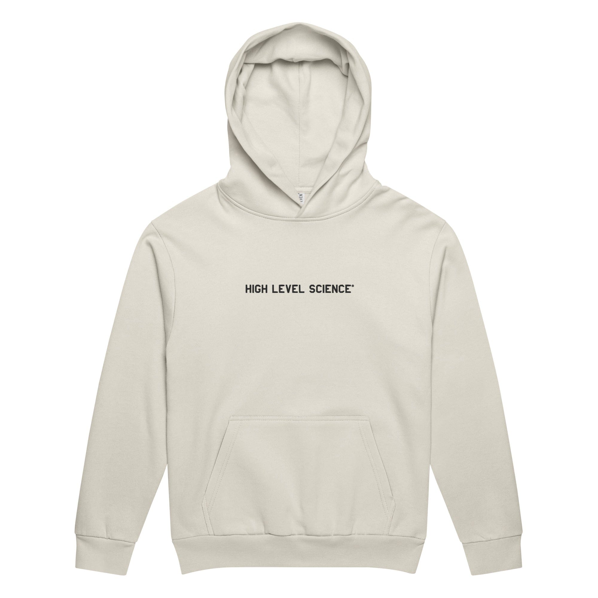 High Level Science HLS x Staple Hoodie in Lunar Rock color, showing the front view with logo details and fabric texture.