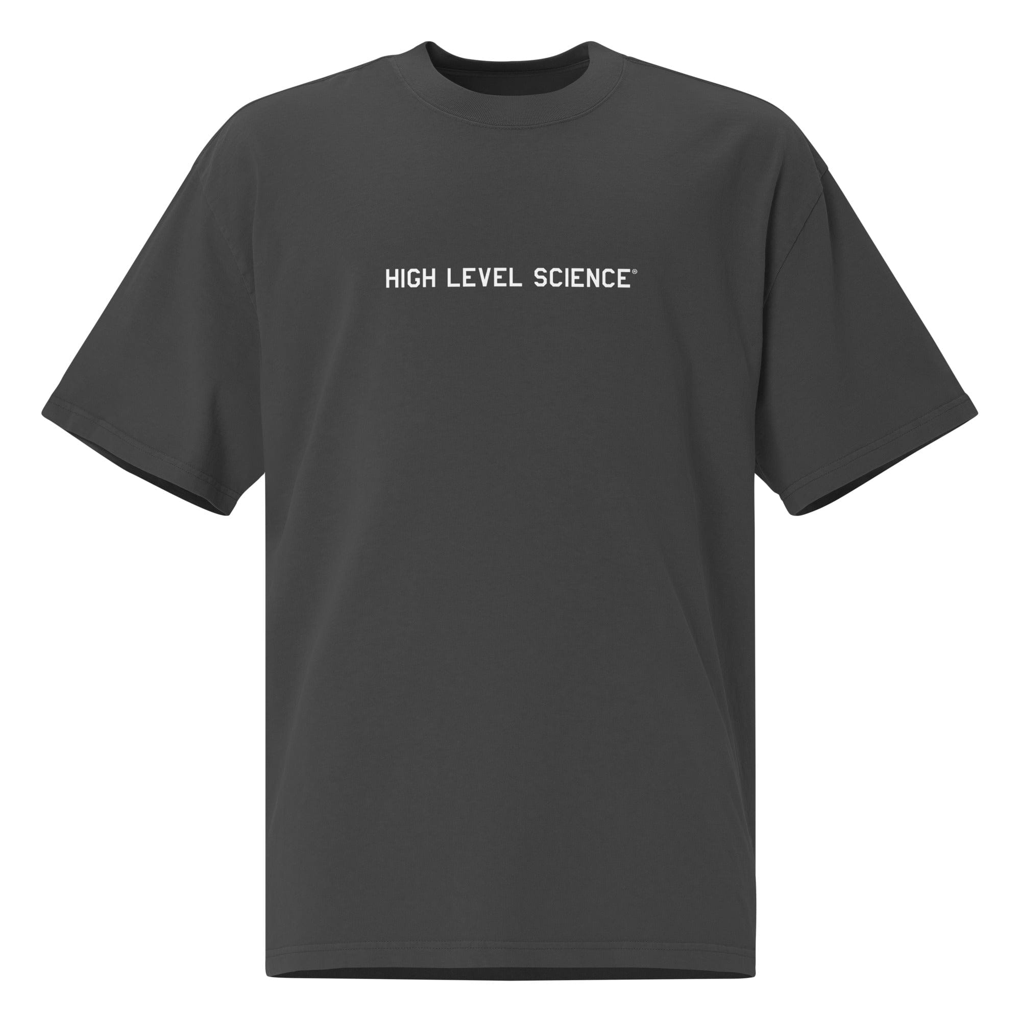 High Level Science HLS x Staple T-shirt in faded black, cotton, with graphic design and classic fit, displayed on a plain background.
