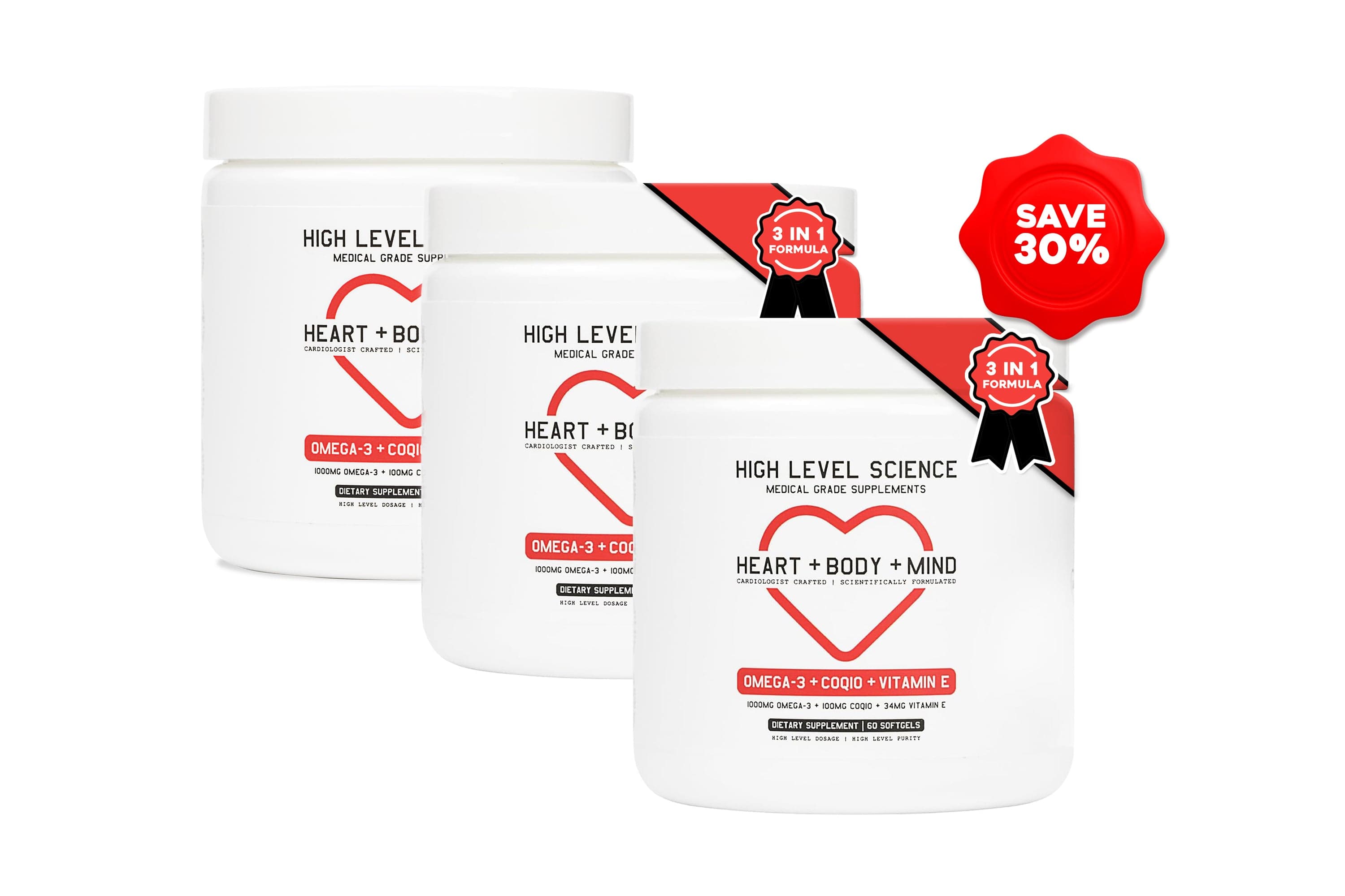 High Level Science Heart + Body + Mind softgels for overall health, displayed in a single package with softgel capsules.