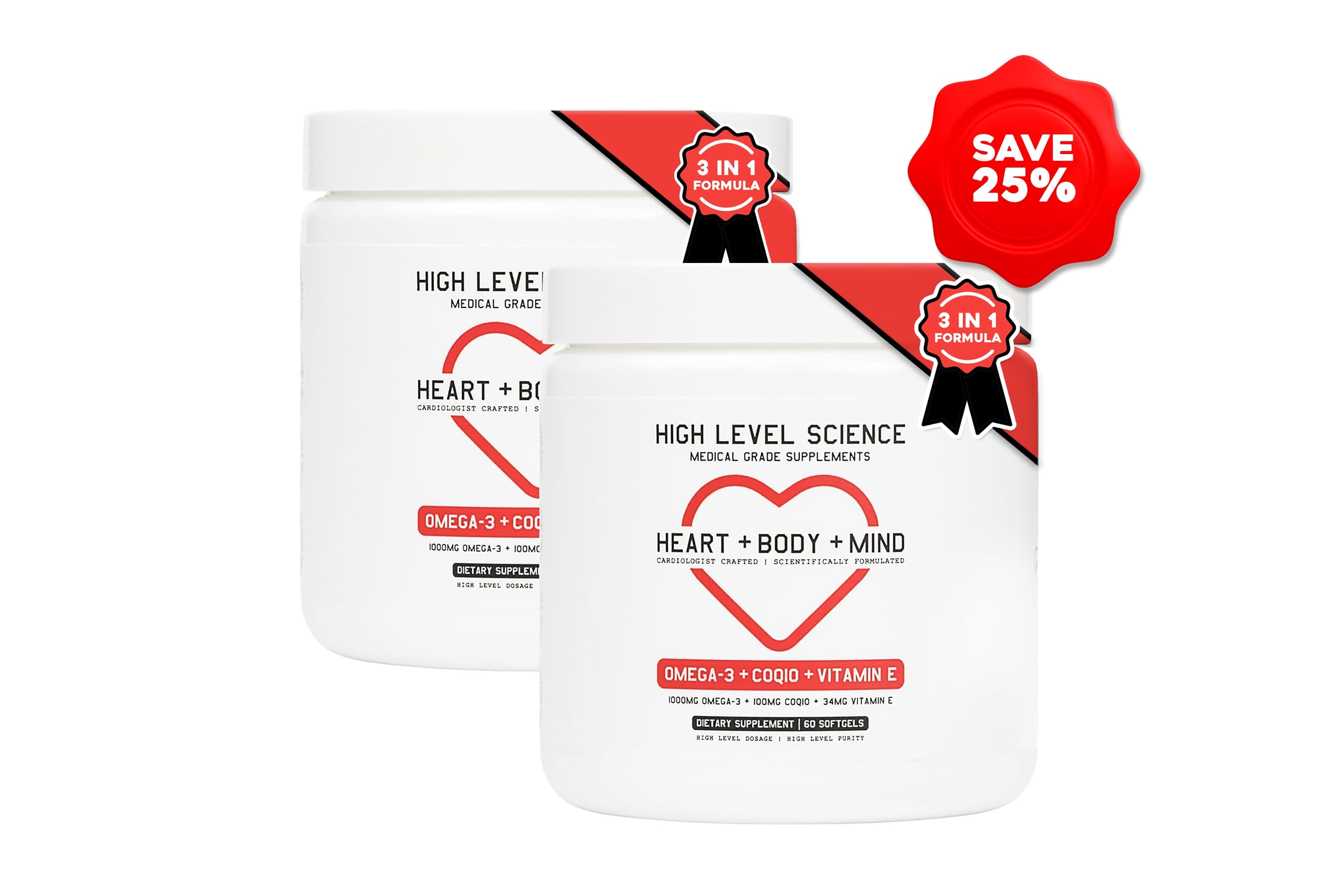 High Level Science Heart + Body + Mind CoQ10 Omega-3 Vitamin E softgels, 2-pack for overall health.