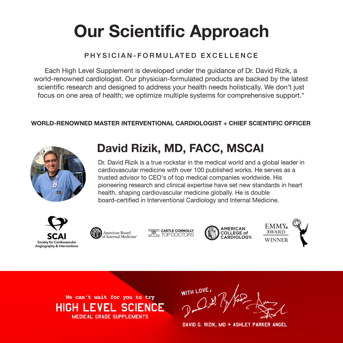 High Level Science Heart, Body & Mind softgels featuring CoQ10, Omega-3, and Vitamin E capsules showing the supplement bottles.