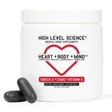 High Level Science Heart + Body + Mind softgels supplement with CoQ10, Omega-3, and Vitamin E capsules on a white background.