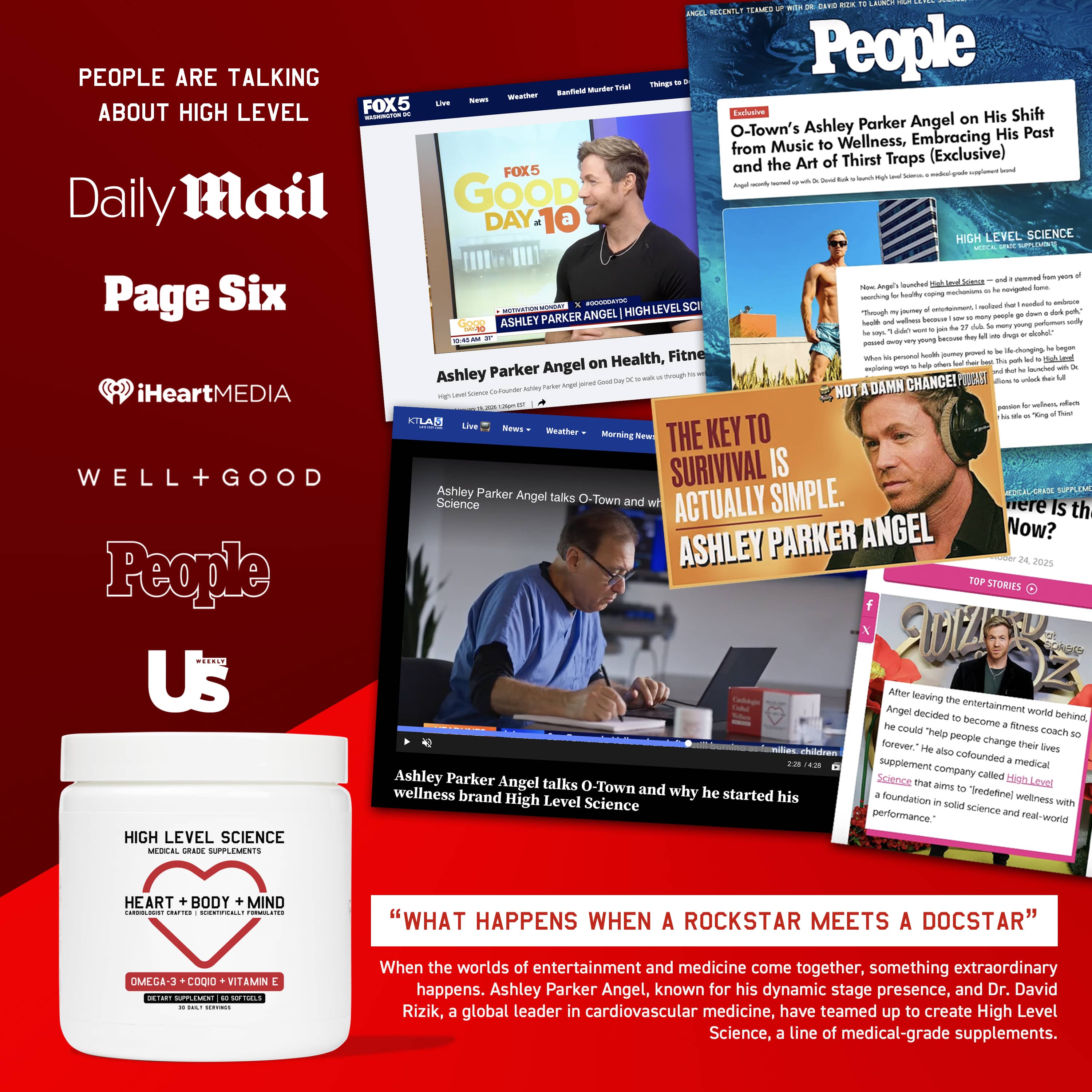 High Level Science Heart, Body, Mind Softgels with CoQ10, Omega-3, and Vitamin E capsules on a white background.