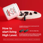 High Level Science Heart, Body & Mind softgels with CoQ10, Omega-3, and Vitamin E, showing the softgel capsules in a clear container.