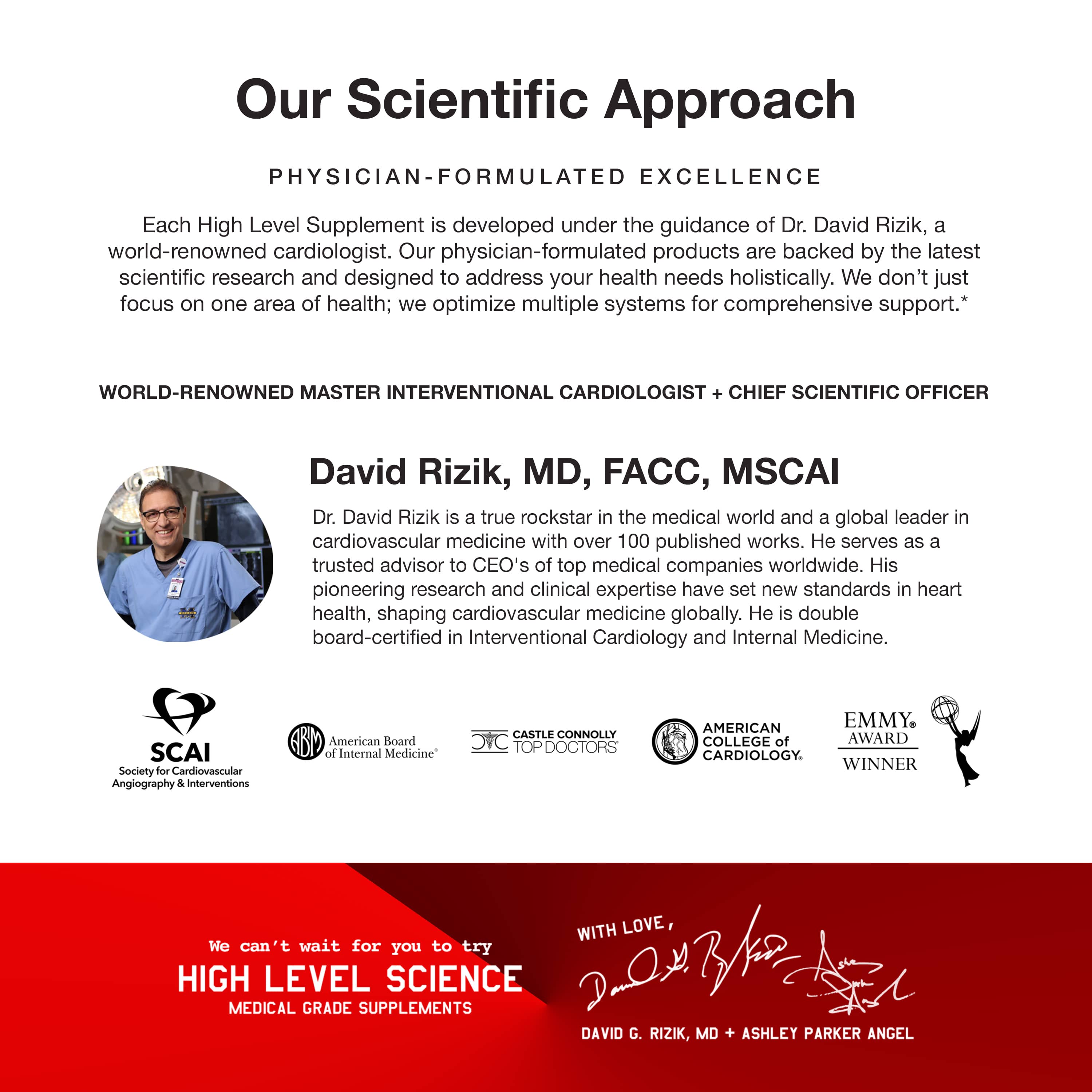 High Level Science Heart, Body, Mind softgels with CoQ10, Omega-3, and Vitamin E capsules on a white background.