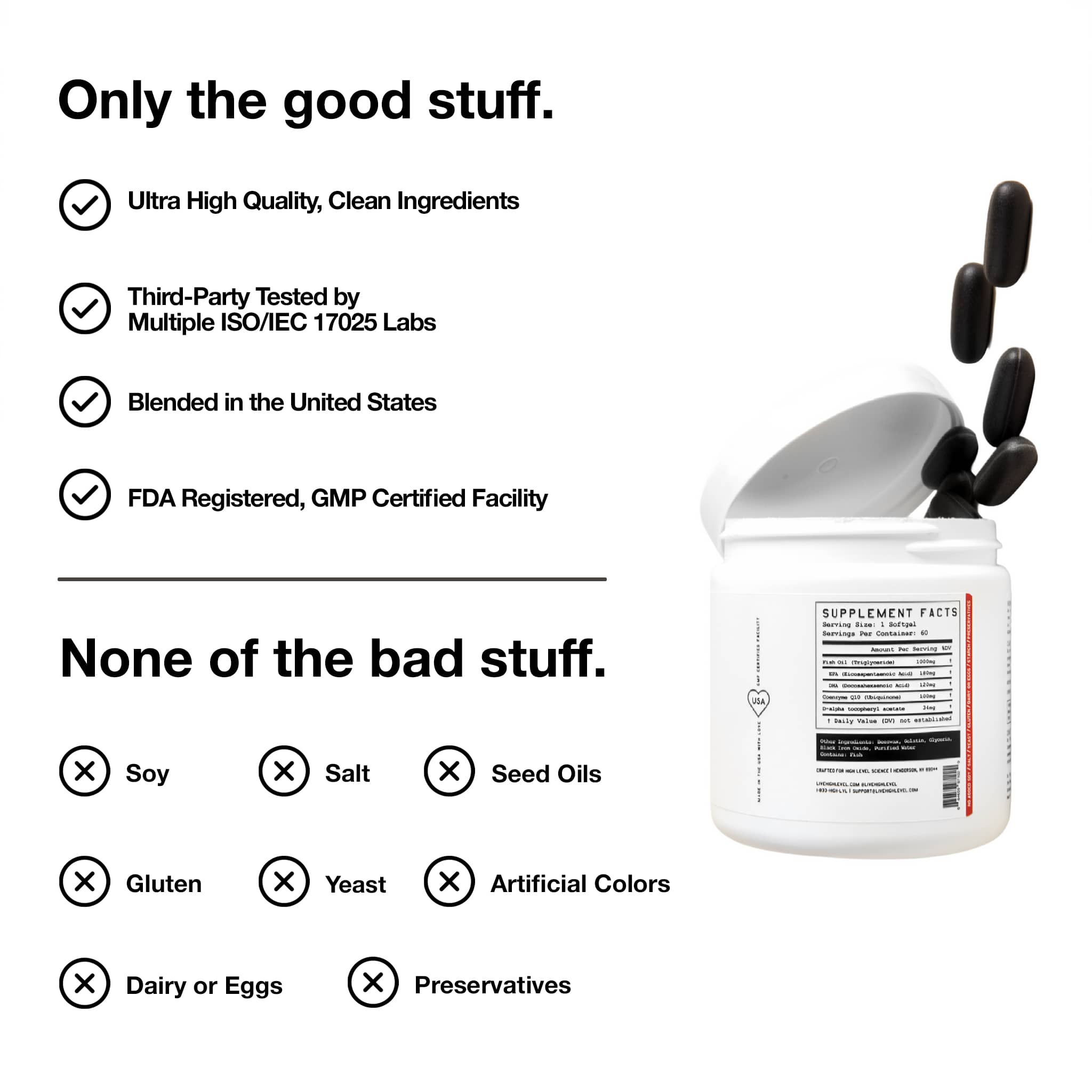 High Level Science Heart, Body & Mind softgels with CoQ10, Omega-3, and Vitamin E showing the softgel capsules in a bottle.