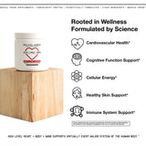 High Level Science Heart, Body & Mind softgels with CoQ10, Omega-3, and Vitamin E in a clear gel capsule.