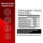 High Level Science Heart, Body, Mind softgels featuring CoQ10, Omega-3, and Vitamin E capsules arranged in a row.