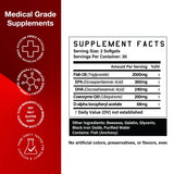 High Level Science Heart, Body, Mind softgels featuring CoQ10, Omega-3, and Vitamin E capsules arranged in a row.