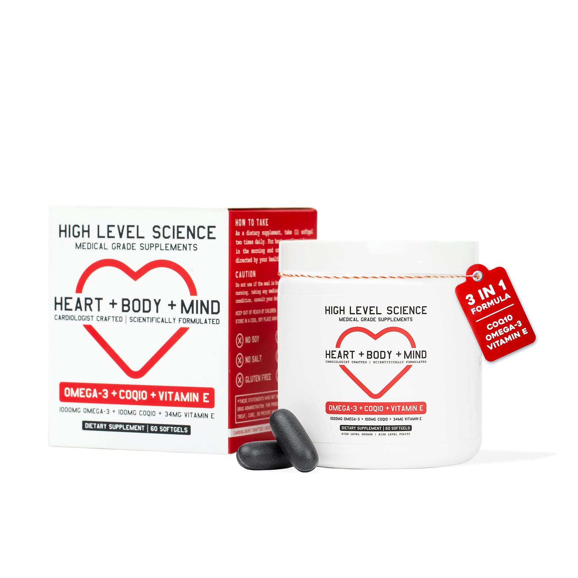 High Level Science Heart, Body, and Mind softgels for overall health, showing the softgel capsules in a clear container.