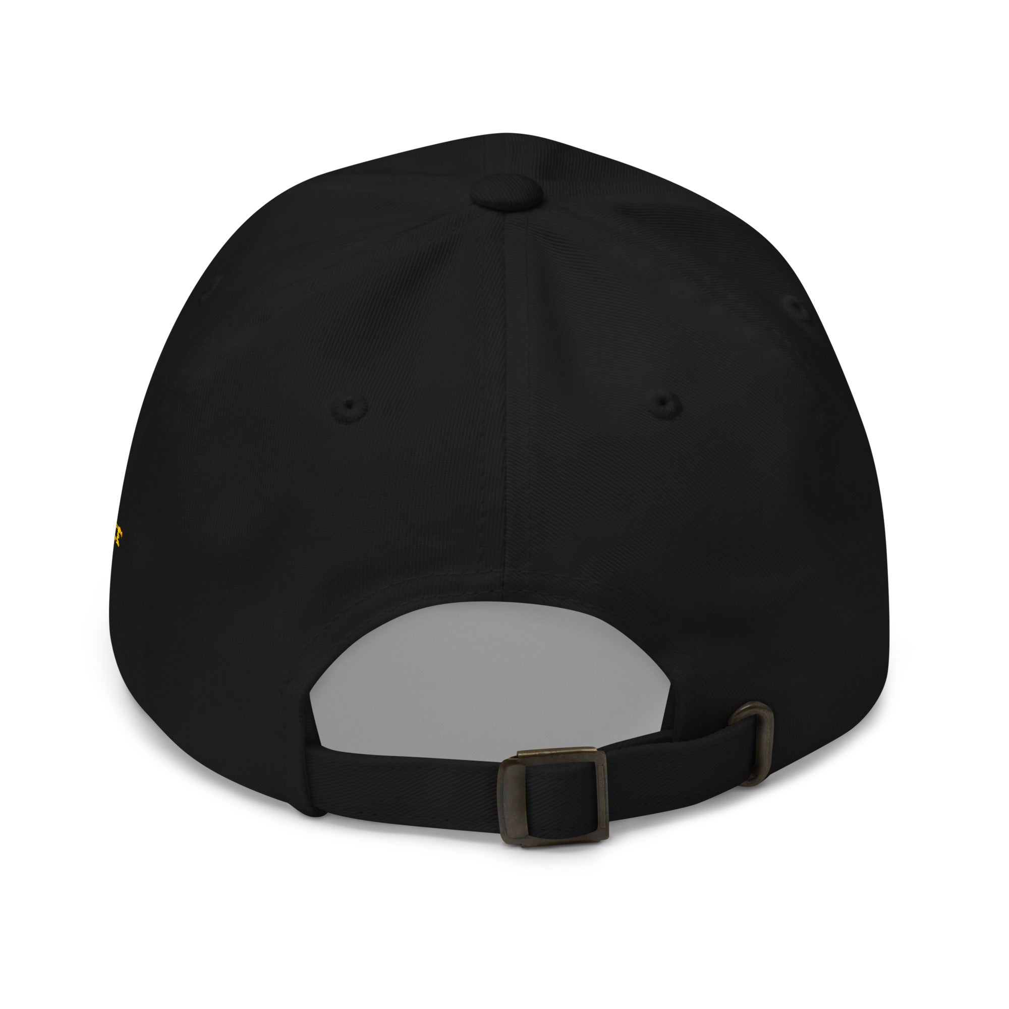 Black and yellow HLS x Staple hat by High Level Science, featuring a stylish design and adjustable strap.